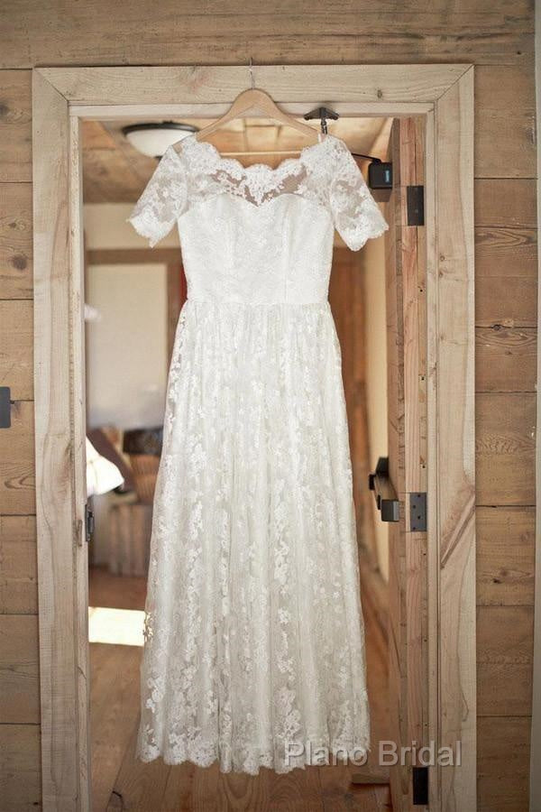 Boat Neck Short Sleeve Vintage Lace Floor Length Ivory Wedding Dresses Secondary image