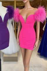 Bodycon Deep V Neck Purple Short Homecoming Dresses with Feather