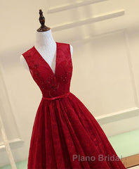 Burgundy V Neck Lace Long Formal Prom Dresses, Burgundy Evening Dresses