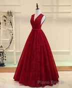 Burgundy V Neck Lace Long Formal Prom Dresses, Burgundy Evening Dresses