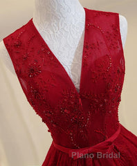 Burgundy V Neck Lace Long Formal Prom Dresses, Burgundy Evening Dresses