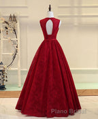 Burgundy V Neck Lace Long Formal Prom Dresses, Burgundy Evening Dresses