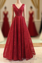 Burgundy V Neck Lace Long Formal Prom Gown Burgundy Evening Dresses