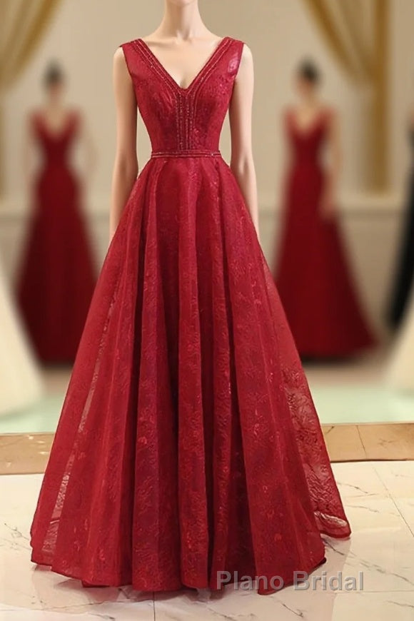 Burgundy V Neck Lace Long Formal Prom Gown Burgundy Evening Dresses