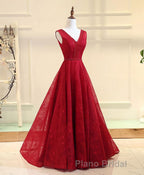 Burgundy V Neck Lace Long Formal Prom Gown Burgundy Evening Dresses