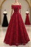 Burgundy a Line Lace Long Formal Prom Dresses, Burgundy Evening Dresses