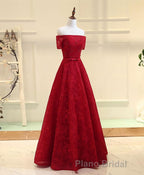 Burgundy a Line Lace Long Formal Prom Dresses, Burgundy Evening Dresses