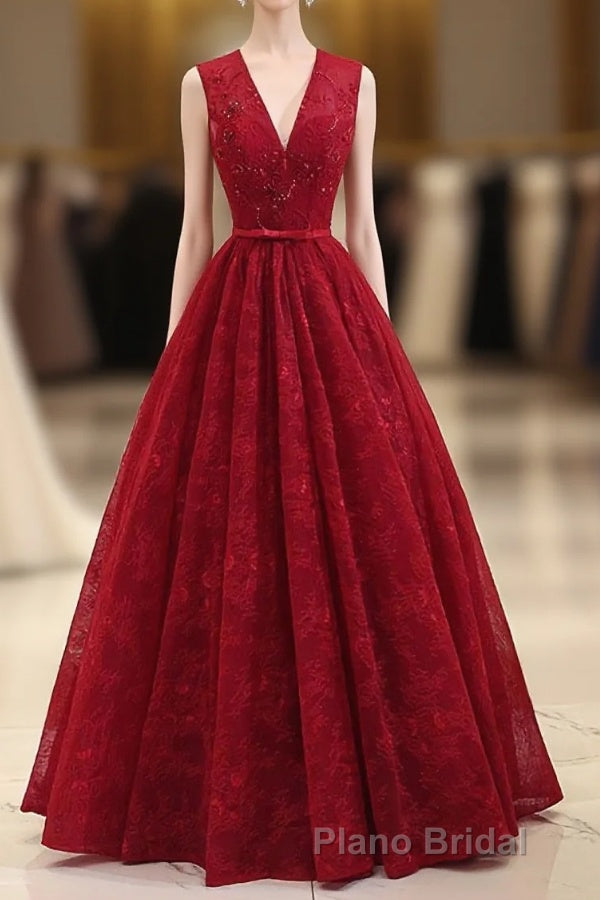 Burgundy V Neck Lace Long Formal Prom Dresses, Burgundy Evening Dresses Main image