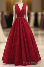 Burgundy V Neck Lace Long Formal Prom Dresses, Burgundy Evening Dresses