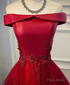 Burgundy Lace Tulle Long Prom Dress, Off Shoulder Evening Dress
