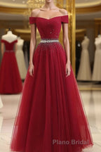 Burgundy Tulle Off Shoulder Long Formal Prom Dresses, Burgundy Evening Dresses