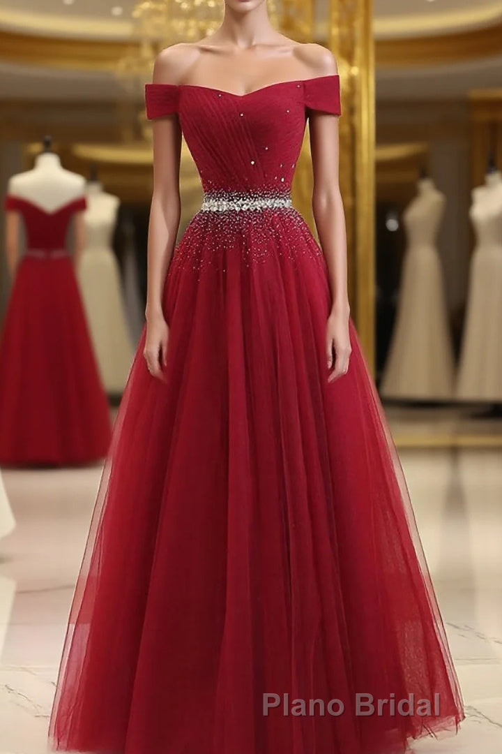 Burgundy Tulle Off Shoulder Long Formal Prom Dresses, Burgundy Evening Dresses