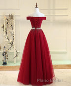 Burgundy Tulle Off Shoulder Long Formal Prom Dresses, Burgundy Evening Dresses