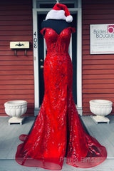 Fuchsia Off-Shoulder Sequined Floral Mermaid Long Formal Prom Dresses with Slit
