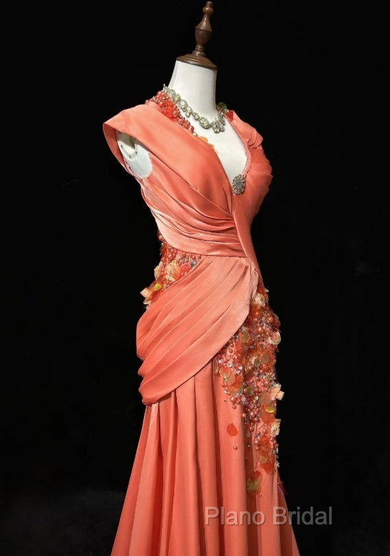 Bright Orange Mermaid V-Neck Satin Beaded Long Formal Prom Dresses Sequined Formal Gown Secondary image