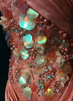 Bright Orange Mermaid V-Neck Satin Beaded Long Formal Prom Dresses Sequined Formal Gown