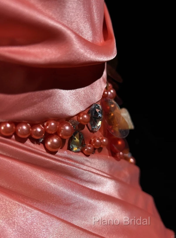 Bright Orange Mermaid V-Neck Satin Beaded Long Formal Prom Dresses Sequined Formal Gown