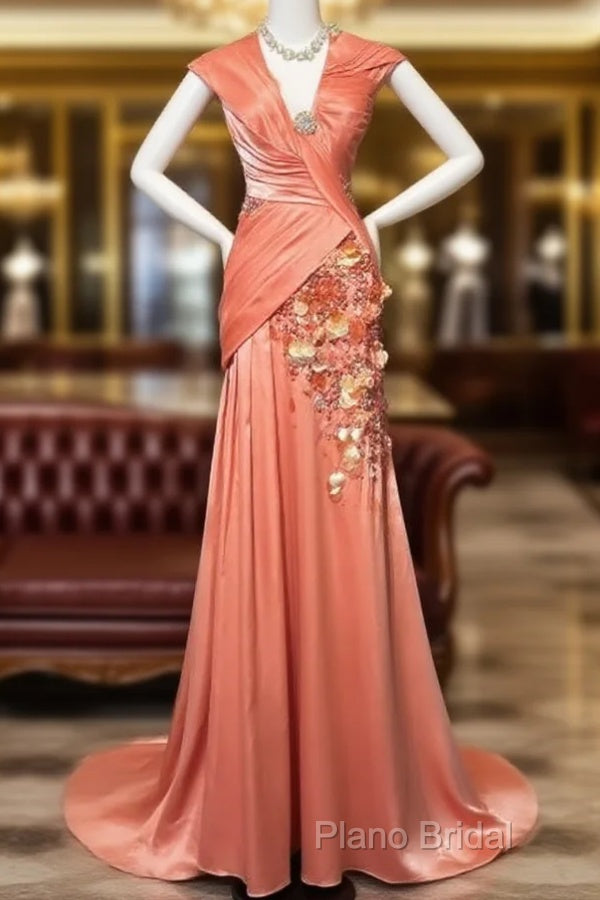 Bright Orange Mermaid V-Neck Satin Beaded Long Formal Prom Dresses Sequined Formal Gown Main image