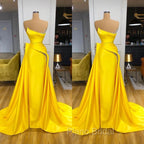 Bright Yellow Strapless Metallic Sequin Overskirt Formal Prom Dresses