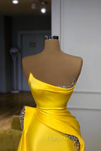 Bright Yellow Strapless Metallic Sequin Overskirt Formal Prom Dresses