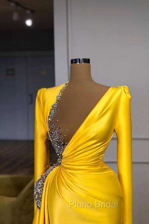 Bright Yellow V-neck Metallic Sequin Long sleeves Formal Prom Dresses
