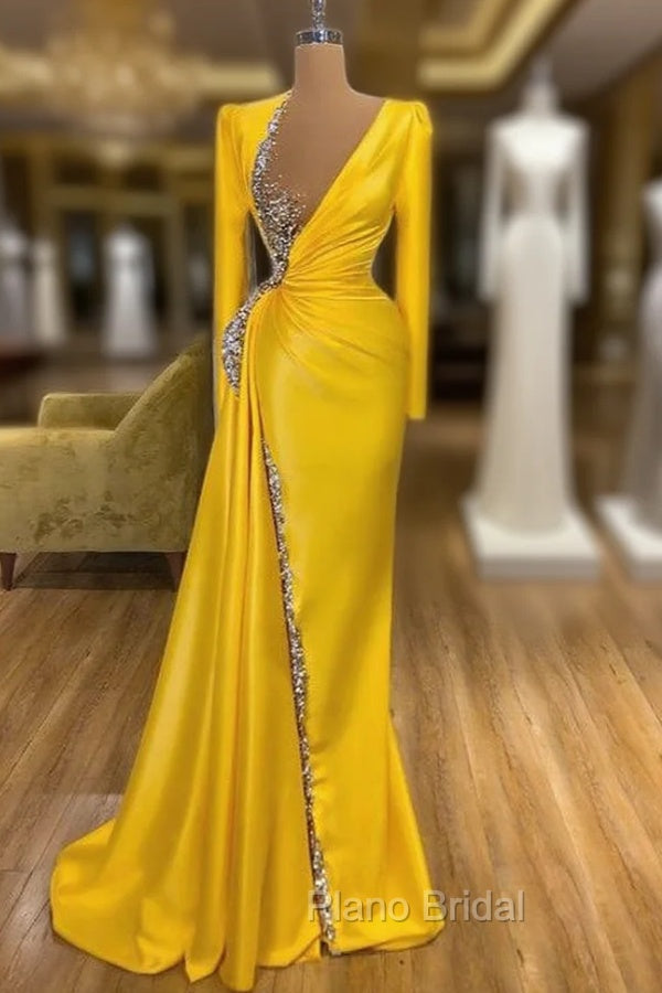 Bright Yellow V-neck Metallic Sequin Long sleeves Formal Prom Dresses Main image