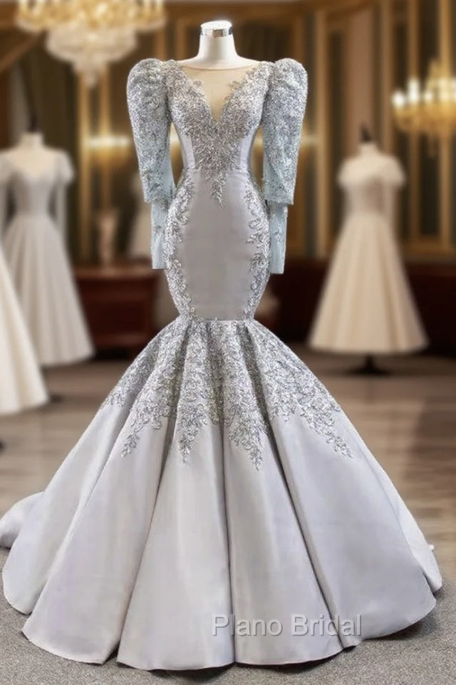 Brilliant Silver Gray Mermaid Satin Long Sleeve Appliques Beading Formal Prom Dresses Main image