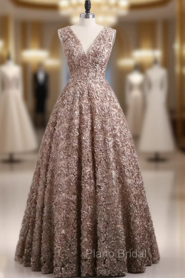 Brown A line Lace V Neckline Long Long Formal Prom Dresses