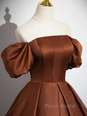 Brown A-Line Satin Long Formal Prom Dresses, Brown Long Formal Dresses