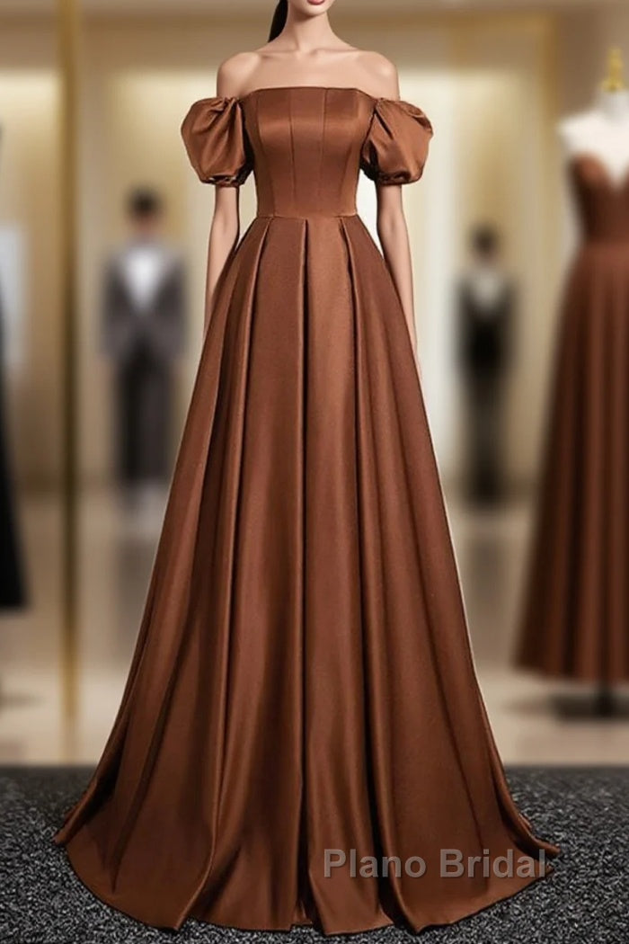 Brown A-Line Satin Long Formal Prom Dresses, Brown Long Formal Dresses