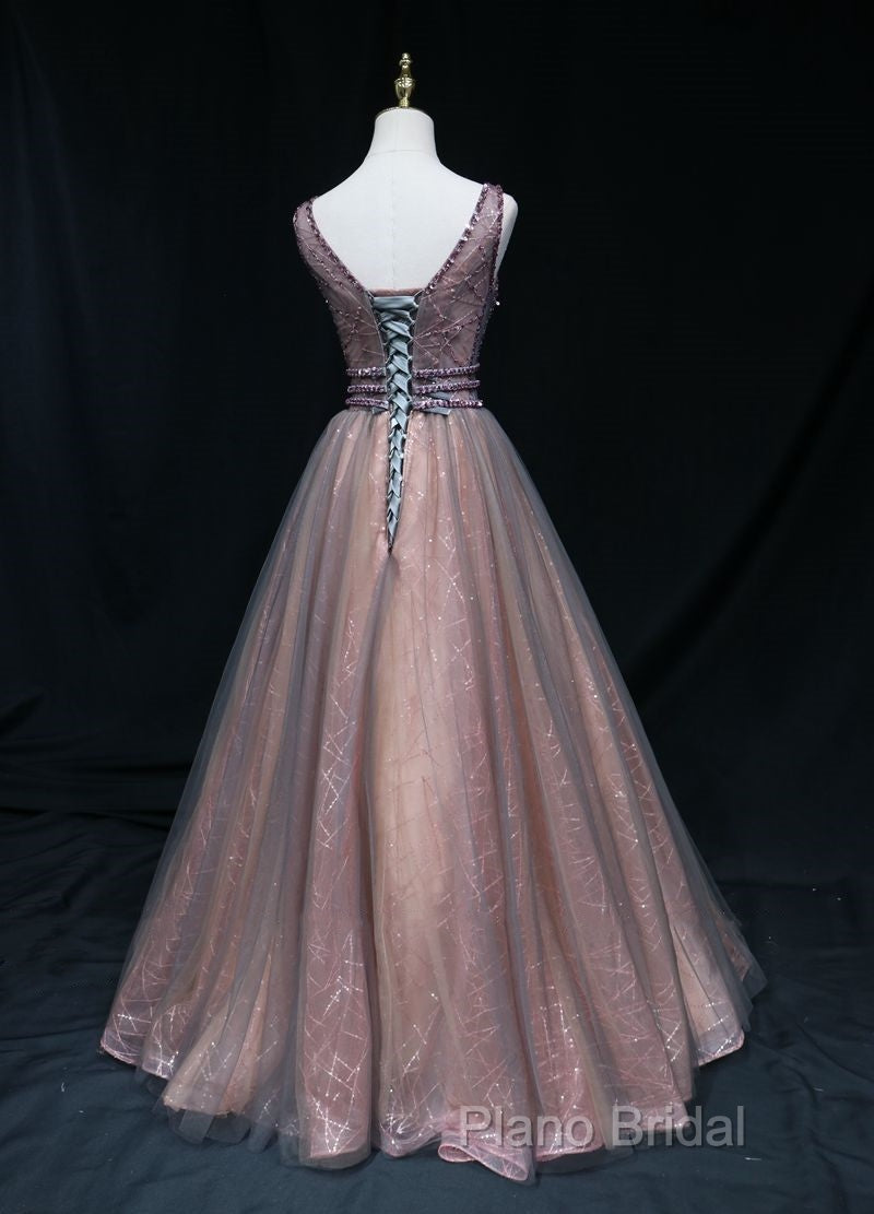 Brown A-Line Tulle Long Formal Dresses Features Plunge Neck With Mesh Insert Formal Prom Dresses, Secondary image