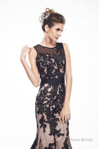 Brown And Black Memraid Appliques Backless Prom Dresses With Sash