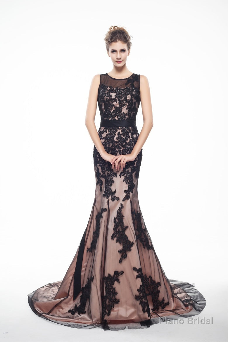 Brown And Black Memraid Appliques Backless Prom Dresses With Sash Main image