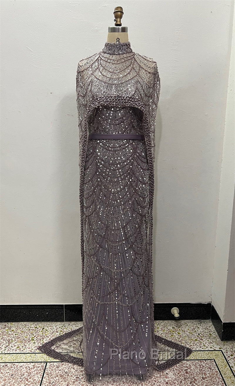 Brown Beading Formal Prom Dresses Sweep Train High Neck Zipper Sleeveless Evening Dresses Secondary image