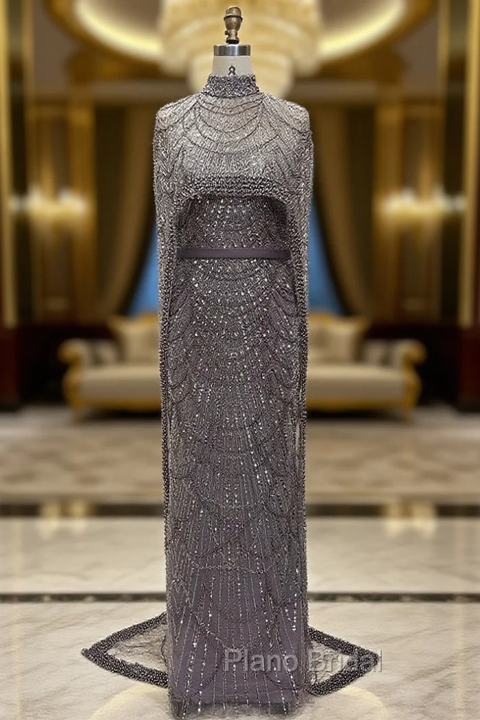 Brown Beading Formal Prom Dresses Sweep Train High Neck Zipper Sleeveless Evening Dresses