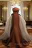 Brown Mermaid Satin Tulle Long Formal Prom Dresses, Brown Long Evening Dresses