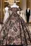 Brown Print Strapless Quinceanera Dresses Detachable Sleeve