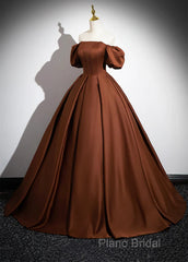 Brown Satin A-Line Short Sleeves Party Dresses, Simple Satin Formal Prom Dresses Formal Dresses