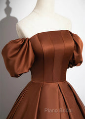 Brown Satin A-Line Short Sleeves Party Dresses, Simple Satin Formal Prom Dresses Formal Dresses