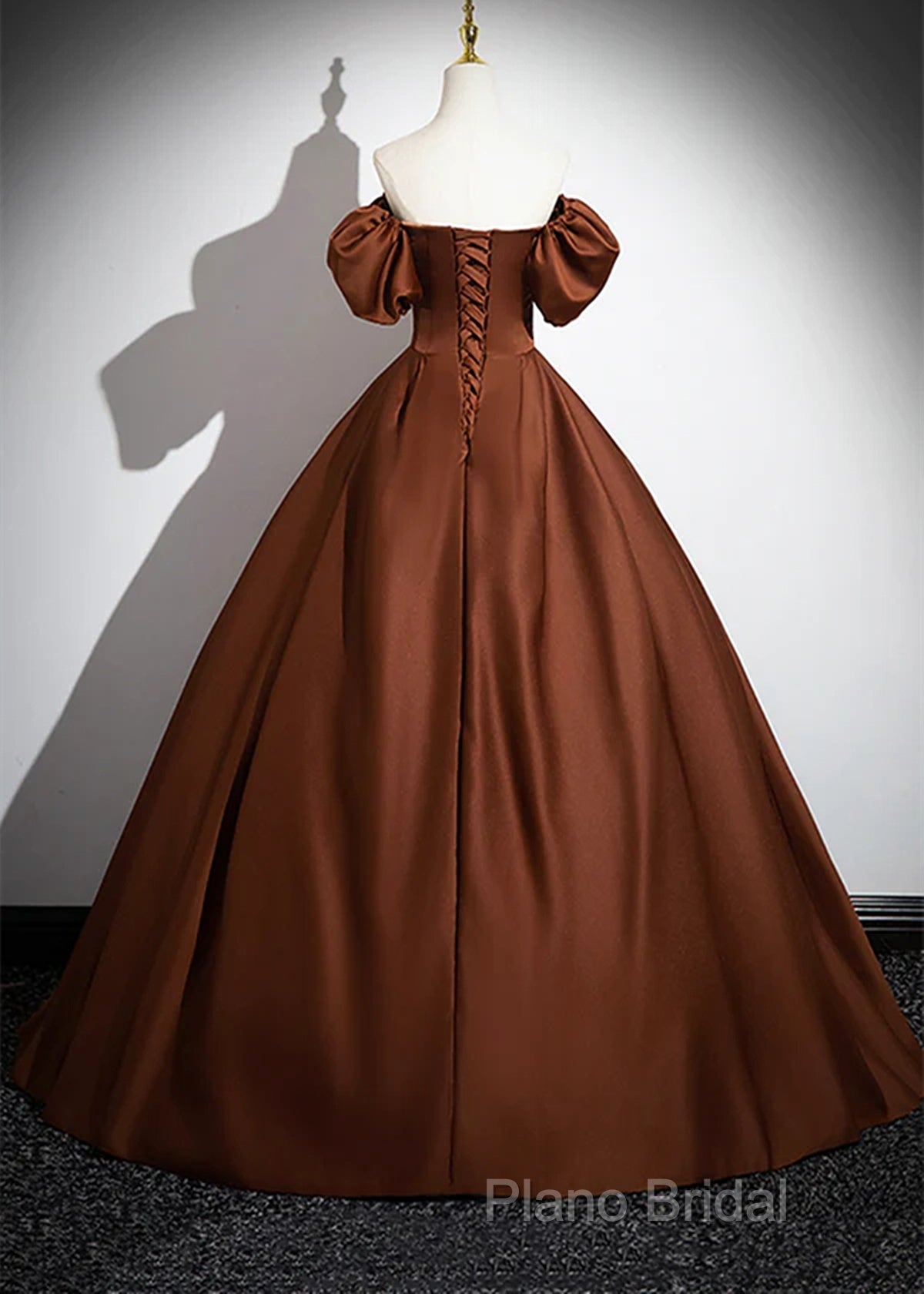 Brown Satin A-Line Short Sleeves Party Dresses, Simple Satin Formal Prom Dresses Formal Dresses