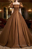 Brown Satin A-Line Short Sleeves Party Dresses, Simple Satin Formal Prom Dresses Formal Dresses