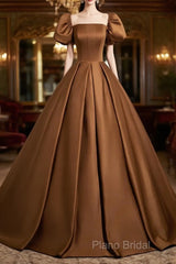 Brown Satin A-Line Short Sleeves Party Dresses, Simple Satin Formal Prom Dresses Formal Dresses