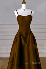 Brown Satin A-Line Sweetheart Long Formal Dresses, Simple Brown Evening Dresses