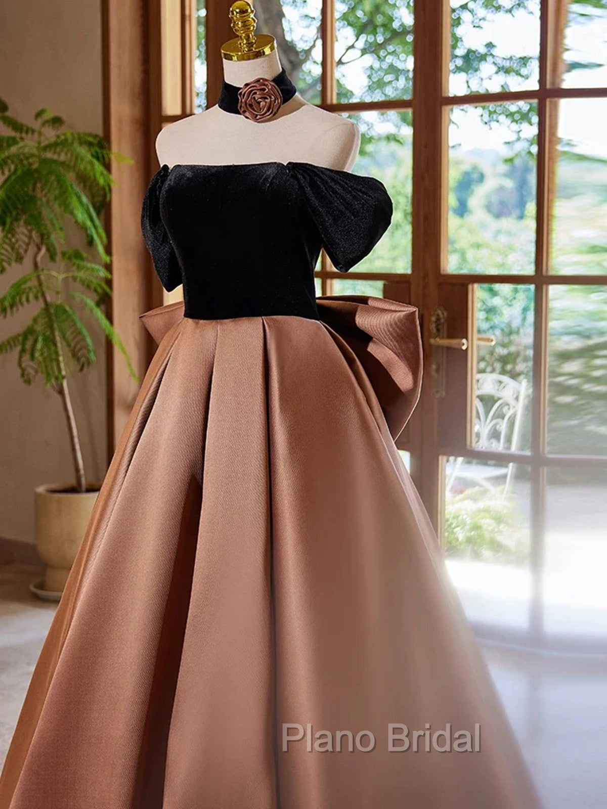 Brown Satin And Black Velvet Formal Prom Dresses, Off Shoulder A-Line Party Dresses Secondary image