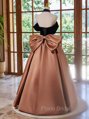 Brown Satin And Black Velvet Formal Prom Dresses, Off Shoulder A-Line Party Dresses