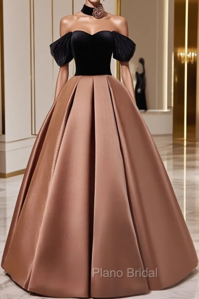 Brown Satin And Black Velvet Formal Prom Dresses, Off Shoulder A-Line Party Dresses Main image