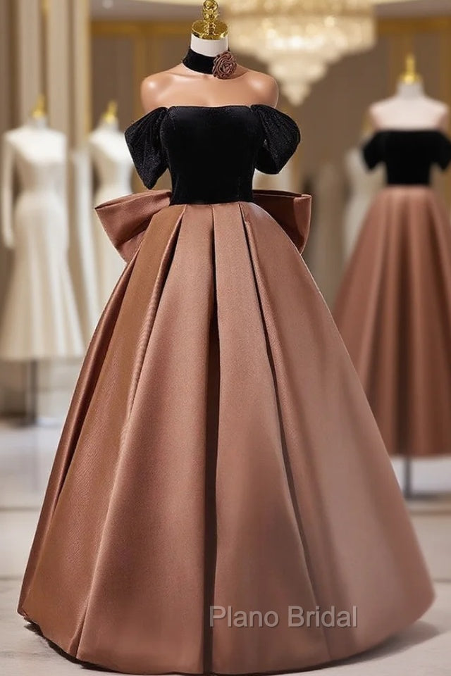 Brown Satin Black Velvet Off the Shoulder Formal Prom Dresses