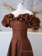 Brown Satin Off Shoulder A-Line Formal Prom Dresses, Brown Satin Evening Dresses Formal Dresses