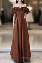 Brown Satin Off Shoulder A-Line Formal Prom Dresses, Brown Satin Evening Dresses Formal Dresses