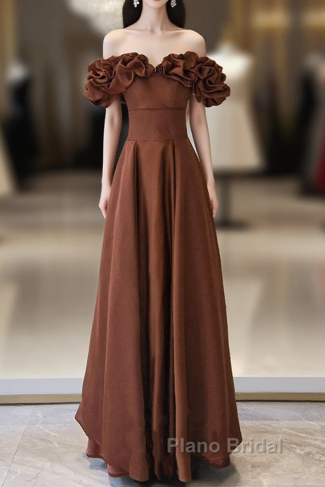 Brown Satin Off Shoulder A-Line Formal Prom Dresses, Brown Satin Evening Dresses Formal Dresses